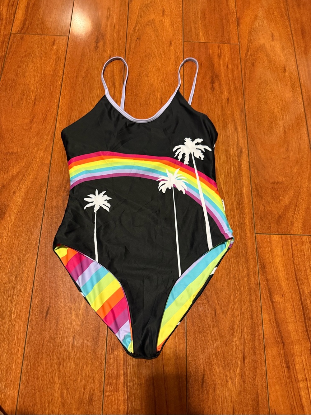Limeapple Black Kids One-Piece Swimsuit with Rainbow Stripes & White Palms